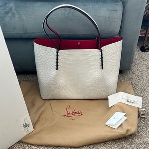Christian Louboutin Cabarock Large Spiked Croc-effect White Glossed-leather Tote